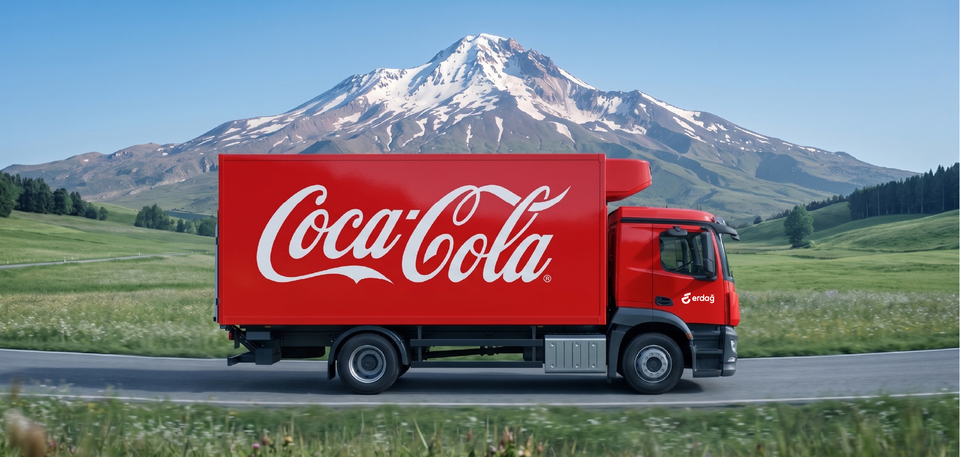 Erciyes Dağı önünde yol alan kırmızı Coca-Cola dağıtım kamyonu